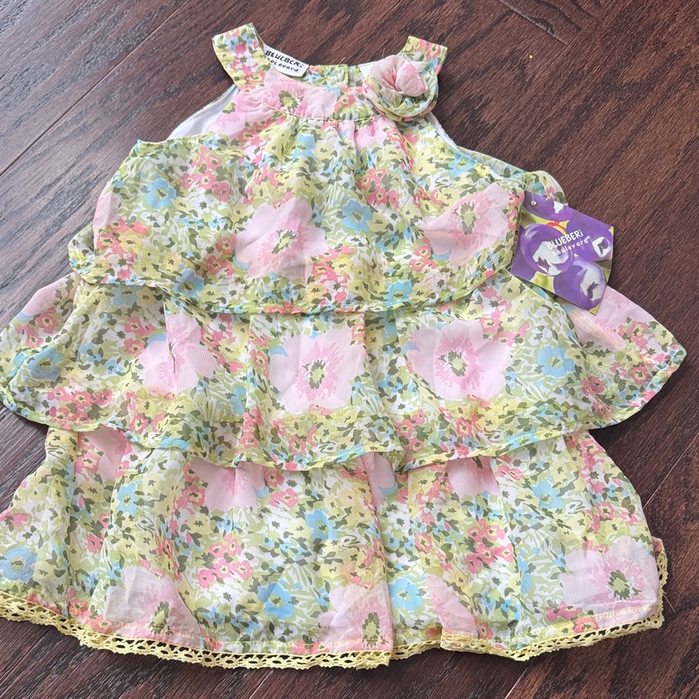 Blueberi Boulevard Girls Floral Tiered Dress - Pink, Yellow, Blue